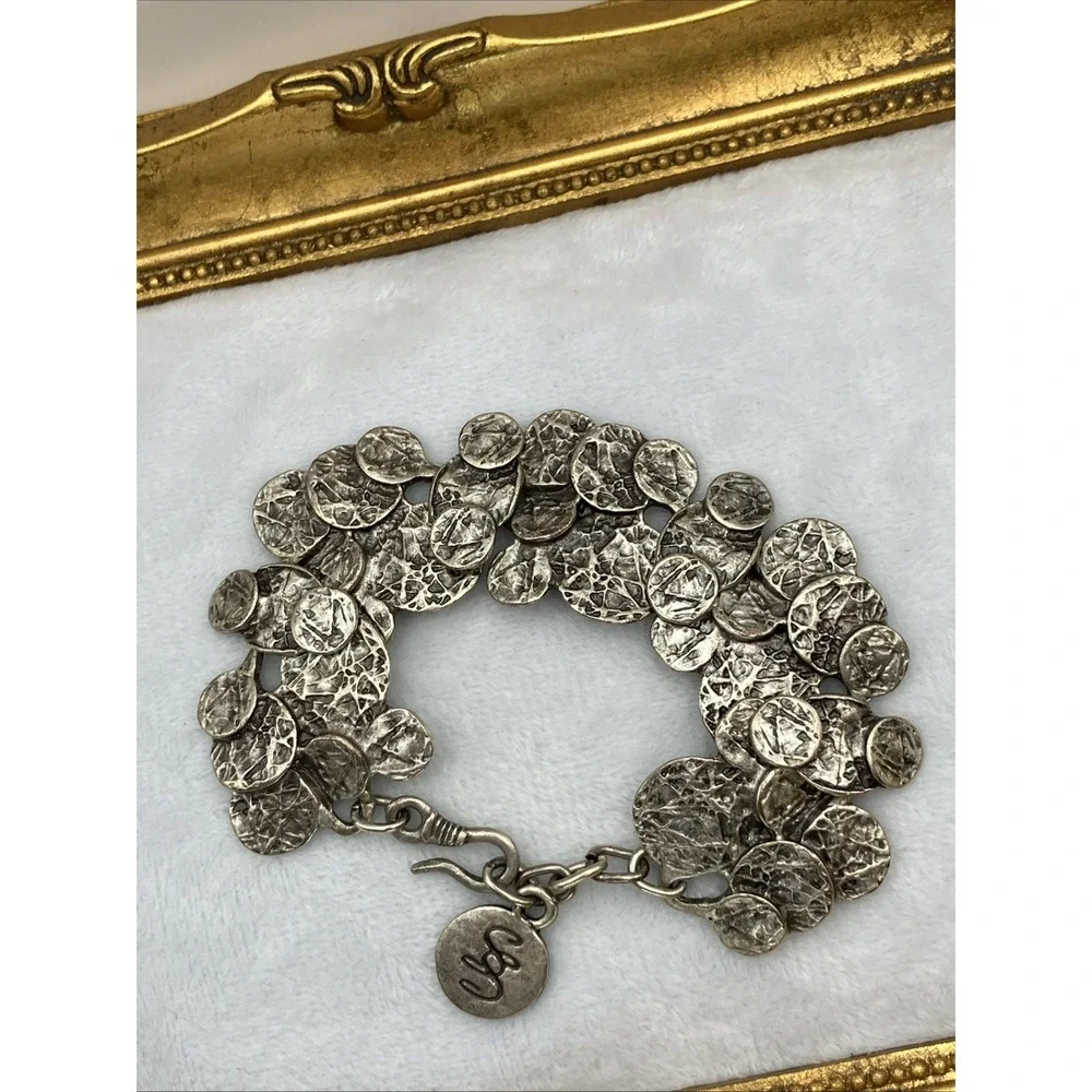 Vtg Mid Century Modernist Brutalist Pewter Panel Bracelet Funky Abstract Bold